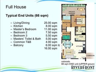 Full House Typical End Units (66 sqm) Living/Dining 25.00 sqm Kitchen   8.00 sqm Master’s Bedroom 11.00 sqm Bedroom 2   7.50 sqm Bedroom 3   5.50 sqm Masters’ Toilet & Bath   5.00 sqm Common T&B   4.00 sqm Balcony   6.00 sqm to  16.00 sqm 
