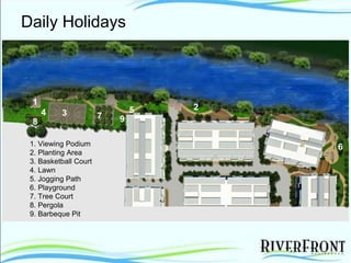 Daily Holidays 1 2 3 4 5 6 7 8 9 1. Viewing Podium 2. Planting Area 3. Basketball Court 4. Lawn 5. Jogging Path 6. Playground 7. Tree Court 8. Pergola 9. Barbeque Pit 