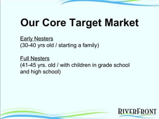 Our Core Target Market Early Nesters (30-40 yrs old / starting a family) Full Nesters (41-45 yrs. old / with children in grade school and high school) 