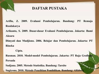 DAFTAR PUSTAKA
Arifin, Z. 2009. Evaluasi Pembelajaran. Bandung: PT Remaja
Rosdakarya
Arikunto, S. 2009. Dasar-dasar Evaluasi Pembelajaran. Jakarta: Bumi
Aksara
Dimyati dan Mudjiono. 2006. Belajar dan Pembelajaran. Jakarta: PT
Rineka
Cipta.
Rusman. 2010. Model-model Pembelajaran. Jakarta: PT Raja Grafindo
Persada
Sudjana. 2005. Metode Statistika. Bandung: Tarsito
Sugiyono. 2010. Metode Penelitian Pendidikan. Bandung: Alfabeta
 
