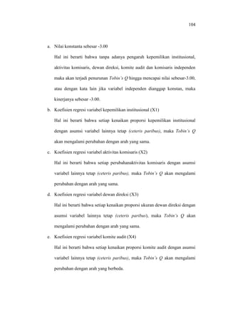104
a. Nilai konstanta sebesar -3.00
Hal ini berarti bahwa tanpa adanya pengaruh kepemilikan institusional,
aktivitas komisaris, dewan direksi, komite audit dan komisaris independen
maka akan terjadi penurunan Tobin’s Q hingga mencapai nilai sebesar-3.00,
atau dengan kata lain jika variabel independen dianggap konstan, maka
kinerjanya sebesar -3.00.
b. Koefisien regresi variabel kepemilikan institusional (X1)
Hal ini berarti bahwa setiap kenaikan proporsi kepemilikan institusional
dengan asumsi variabel lainnya tetap (ceteris paribus), maka Tobin’s Q
akan mengalami perubahan dengan arah yang sama.
c. Koefisien regresi variabel aktivitas komisaris (X2)
Hal ini berarti bahwa setiap perubahanaktivitas komisaris dengan asumsi
variabel lainnya tetap (ceteris paribus), maka Tobin’s Q akan mengalami
perubahan dengan arah yang sama.
d. Koefisien regresi variabel dewan direksi (X3)
Hal ini berarti bahwa setiap kenaikan proporsi ukuran dewan direksi dengan
asumsi variabel lainnya tetap (ceteris paribus), maka Tobin’s Q akan
mengalami perubahan dengan arah yang sama.
e. Koefisien regresi variabel komite audit (X4)
Hal ini berarti bahwa setiap kenaikan proporsi komite audit dengan asumsi
variabel lainnya tetap (ceteris paribus), maka Tobin’s Q akan mengalami
perubahan dengan arah yang berbeda.
 