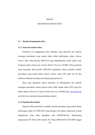69
BAB III
METODOLOGI PENELITIAN
3.1 Metode Pengumpulan Data
3.1.1 Jenis dan Sumber Data
Penelitian ini menggunakan data sekunder yang diperoleh dari laporan
keuangan perusahaan yang masuk dalam daftar perhitungan saham Jakarta
Islamic Index (JII) periode 2008-2010 yang dipublikasikan untuk umum serta
tercantum dalam Indonesian Capital Market Directory (ICMD). Data penelitian
yang mencakup data periode 2008-2010 dipandang cukup mewakili kondisi
perusahaan yang masuk dalam Jakarta Islamic Index (JII) pada saat itu dan
indikator-indikator keuangan perusahaan pada periode itu.
Data yang digunakan dalam penelitian ini dikumpulkan dari laporan
keuangan perusahaan selama periode tahun 2008 sampai tahun 2010 yang bisa
dilihat dalam Indonesian Capital Market Directory (ICMD) dan www.idx.co.id,
serta dari situs masing-masing perusahaan sampel.
3.1.2 Populasi dan Sampel
Populasi dalam penelitian ini adalah seluruh perusahaan yang masuk dalam
perhitungan indeks JII 2008-2010 yang diseleksi dari daftar saham/efek syariah
sebagaimana yang telah ditetapkan oleh BAPEPAM-LK. Berdasarkan
pengumuman PT Bursa Efek Jakarta No. Peng-18/BEJ-DAG/U/06-2000 tanggal
 