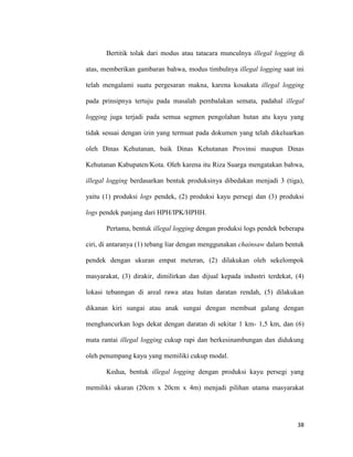 38
Bertitik tolak dari modus atau tatacara munculnya illegal logging di
atas, memberikan gambaran bahwa, modus timbulnya illegal logging saat ini
telah mengalami suatu pergesaran makna, karena kosakata illegal logging
pada prinsipnya tertuju pada masalah pembalakan semata, padahal illegal
logging juga terjadi pada semua segmen pengolahan hutan atu kayu yang
tidak sesuai dengan izin yang termuat pada dokumen yang telah dikeluarkan
oleh Dinas Kehutanan, baik Dinas Kehutanan Provinsi maupun Dinas
Kehutanan Kabupaten/Kota. Oleh karena itu Riza Suarga mengatakan bahwa,
illegal logging berdasarkan bentuk produksinya dibedakan menjadi 3 (tiga),
yaitu (1) produksi logs pendek, (2) produksi kayu persegi dan (3) produksi
logs pendek panjang dari HPH/IPK/HPHH.
Pertama, bentuk illegal logging dengan produksi logs pendek beberapa
ciri, di antaranya (1) tebang liar dengan menggunakan chainsaw dalam bentuk
pendek dengan ukuran empat meteran, (2) dilakukan oleh sekelompok
masyarakat, (3) dirakir, dimilirkan dan dijual kepada industri terdekat, (4)
lokasi tebanngan di areal rawa atau hutan daratan rendah, (5) dilakukan
dikanan kiri sungai atau anak sungai dengan membuat galang dengan
menghancurkan logs dekat dengan daratan di sekitar 1 km- 1,5 km, dan (6)
mata rantai illegal logging cukup rapi dan berkesinambungan dan didukung
oleh penumpang kayu yang memiliki cukup modal.
Kedua, bentuk illegal logging dengan produksi kayu persegi yang
memiliki ukuran (20cm x 20cm x 4m) menjadi pilihan utama masyarakat
 