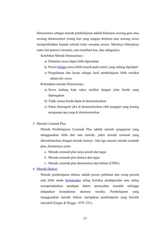 Demonstrasi sebagai metode pembelajaran adalah bilamana seorang guru atau
seorang demonstrator (orang luar yang sengaja diminta) atau seorang siswa
memperlihatkan kepada seluruh kelas sesuatau proses. Misalnya bekerjanya
suatu alat pencuci otomatis, cara membuat kue, dan sebagainya.
Kelebihan Metode Demonstrasi :
a) Perhatian siswa dapat lebih dipusatkan
b) Proses belajar siswa lebih terarah pada materi yang sedang dipelajari
c) Pengalaman dan kesan sebagai hasil pembelajaran lebih melekat
dalam diri siswa.
Kelemahan metode Demonstrasi :
a) Siswa kadang kala sukar melihat dengan jelas benda yang
diperagakan
b) Tidak semua benda dapat di demonstrasikan
c) Sukar dimengerti jika di demonstrasikan oleh pengajar yang kurang
menguasai apa yang di demonstrasikan
3. Metode Ceramah Plus
Metode Pembelajaran Ceramah Plus adalah metode pengajaran yang
menggunakan lebih dari satu metode, yakni metode ceramah yang
dikombinasikan dengan metode lainnya. Ada tiga macam metode ceramah
plus, diantaranya yaitu:
a. Metode ceramah plus tanya jawab dan tugas
b. Metode ceramah plus diskusi dan tugas
c. Metode ceramah plus demonstrasi dan latihan (CPDL)
4. Metode Diskusi
Metode pembelajaran diskusi adalah proses pelibatan dua orang peserta
atau lebih untuk berinteraksi saling bertukar pendapat,dan atau saling
mempertahankan pendapat dalam pemecahan masalah sehingga
didapatkan kesepakatan diantara mereka. Pembelajaran yang
menggunakan metode diskusi merupakan pembelajaran yang bersifat
interaktif (Gagne & Briggs. 1979: 251).
15
 
