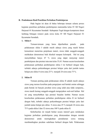 B. Pembahasan Hasil Penelitian Perbaikan Pembelajaran
Pada bagian ini akan di bahas beberapa temuan selama proses
kegiatan penelitian perbaikan pembelajaran matematika kelas IV SD Negeri
Harjasari 01 Kecamatan Suradadi Kabupaten Tegal dengan kompetensi dasar
lambang bilangan romawi pada siswa kelas IV SD Negeri Harjasari 01
Kecamatan Suradadi.
1. Siklus I
Temuan-temuan yang harus diperhatikan penulis pada
pelaksanaan siklus I adalah masih adanya siswa yang masih belum
konsentrasi menerima penjelasan materi, siswa tidak sungguh-sungguh
melakukan demonstrasi baik klasikal maupun kelompok. Hal ini yang
menyebabkan hanya 47 % siswa yang dapat menyerap materi
pembelajaran dan prestasi rata-rata kelas 53,43. Namun secara keseluruhan
pelaksanaan perbaikan pembelajaran siklus I ini berhasil dengan baik,
terbukti adanya perkembangan prestasi belajar yaitu dari jumlah tuntas
belajar pra siklus 8 siswa atau 25 % menjadi 24 siswa atau 75 %.
2. Siklus II
Temuan penting pada pelaksanaan siklus II adalah masih adanya
siswa yang merasa kesulitan pada pengerjaan soal bentuk uraian sehingga
pada bentuk ini banyak jawaban siswa yang salah atau tidak sempurna.,
siswa masih kurang sungguh-sungguh mengerjakan soal-soal latihan Hal
ini yang menyebabkan laju prestasi berjalan lambat. Namun secara
keseluruhan pelaksanaan perbaikan pembelajaran siklus II ini berhasil
dengan baik, terbukti adanya perkembangan prestasi belajar yaitu dari
jumlah tuntas belajar pra siklus 8 siswa atau 25 % menjadi 24 siswa atau
75 % pada siklus I dan 32 siswa atau 100 % pada siklus II.
Keberhasilan ini terjadi berkat secara intensif guru melakukan
kegiatan perbaikan pembelajaran yang direncanakan dengan metode
demonstrasi untuk meningkatkan pemahaman siswa tentang
membandingkan pecahan sederhana berhasil dengan baik. Pelaksanaan
39
 
