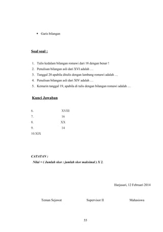  Garis bilangan
Soal soal :
1. Tulis kedalam bilangan romawi dari 18 dengan benar !
2. Penulisan bilangan asli dari XVI adalah …
3. Tanggal 20 apabila ditulis dengan lambang romawi adalah …
4. Penulisan bilangan asli dari XIV adalah …
5. Kemarin tanggal 19, apabila di tulis dengan bilangan romawi adalah …
Kunci Jawaban
6. XVIII
7. 16
8. XX
9. 14
10.XIX
CATATAN :
Nilai = ( Jumlah skor : jumlah skor maksimal ) X 2.
Harjasari, 12 Februari 2014
Teman Sejawat Supervisor II Mahasiswa
55
 