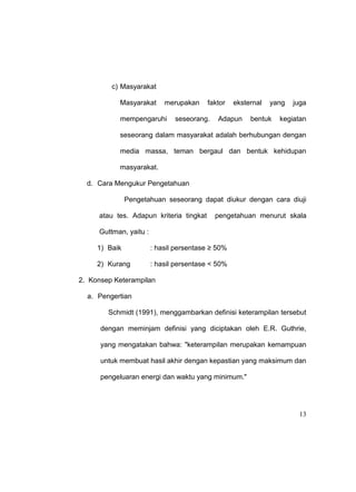 13
c) Masyarakat
Masyarakat merupakan faktor eksternal yang juga
mempengaruhi seseorang. Adapun bentuk kegiatan
seseorang dalam masyarakat adalah berhubungan dengan
media massa, teman bergaul dan bentuk kehidupan
masyarakat.
d. Cara Mengukur Pengetahuan
Pengetahuan seseorang dapat diukur dengan cara diuji
atau tes. Adapun kriteria tingkat pengetahuan menurut skala
Guttman, yaitu :
1) Baik : hasil persentase ≥ 50%
2) Kurang : hasil persentase < 50%
2. Konsep Keterampilan
a. Pengertian
Schmidt (1991), menggambarkan definisi keterampilan tersebut
dengan meminjam definisi yang diciptakan oleh E.R. Guthrie,
yang mengatakan bahwa: "keterampilan merupakan kemampuan
untuk membuat hasil akhir dengan kepastian yang maksimum dan
pengeluaran energi dan waktu yang minimum."
 