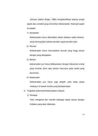 14
Johnson (dalam Singer, 1980) mengidentifikasi adanya empat
aspek atau variabel yang mencirikan keterampilan. Keempat aspek
itu adalah:
1) Kecepatan
Keterampilan harus ditampilkan dalam batasan waktu tertentu,
yang menunjukkan bahwa semakin cepat semakin baik.
2) Akurasi
Keterampilan harus menunjukkan akurasi yang tinggi sesuai
dengan yang ditargetkan.
3) Bentuk
keterampilan pun harus dilaksanakan dengan kebutuhan energi
yang minimal; (form atau bentuk menunjuk pada usaha yang
ekonomis).
4) Kesesuaian
Keterampilan pun harus juga adaptif, yaitu tetap cakap
meskipun di bawah kondisi yang berbeda-beda.
b. Tingkatan psikomotor/keterampilan meliputi:
1) Persepsi
Yaitu mengenal dan memilih berbagai obyek sesuai dengan
tindakan yang akan dilakukan.
 