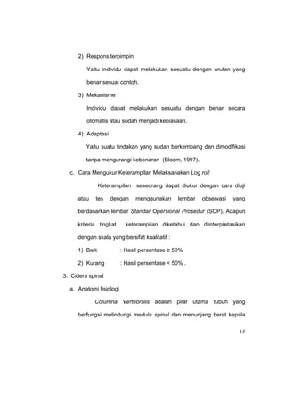15
2) Respons terpimpin
Yaitu individu dapat melakukan sesuatu dengan urutan yang
benar sesuai contoh.
3) Mekanisme
Individu dapat melakukan sesuatu dengan benar secara
otomatis atau sudah menjadi kebiasaan.
4) Adaptasi
Yaitu suatu tindakan yang sudah berkembang dan dimodifikasi
tanpa mengurangi kebenaran (Bloom, 1997).
c. Cara Mengukur Keterampilan Melaksanakan Log roll
Keterampilan seseorang dapat diukur dengan cara diuji
atau tes dengan menggunakan lembar observasi yang
berdasarkan lembar Standar Opersional Prosedur (SOP). Adapun
kriteria tingkat keterampilan diketahui dan diinterpretasikan
dengan skala yang bersifat kualitatif :
1) Baik : Hasil persentase ≥ 50%
2) Kurang : Hasil persentase < 50% .
3. Cidera spinal
a. Anatomi fisiologi
Columna Vertebralis adalah pilar utama tubuh yang
berfungsi melindungi medula spinal dan menunjang berat kepala
 
