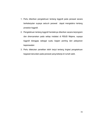 58
1. Perlu diberikan pengetahuan tentang loggroll pada perawat secara
berkelanjutan supaya seluruh perawat dapat mengetahui tentang
prosedur loggroll.
2. Pengetahuan tentang loggroll hendaknya diberikan secara terprogram
dan direncanakan pada setiap instalasi di RSUD Majene, supaya
loggroll dianggap sebagai suatu bagian penting dari pelayanan
keperawatan
3. Perlu dilakukan penelitian lebih lanjut tentang tingkat pengetahuan
kegawat daruratan pada perawat yang bekerja di rumah sakit.
 