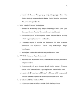 41
c. Membawahi 3 Junior Manager yang menjadi tanggung jawabnya yaitu,
Junior Manager Pelayanan Bandar Udara, Junior Manager Pengamanan
dan Junior Manager PKP-PK.
4. Junior Manajer Pelayanan Bandar Udara
a. Membawahi 3 unit kerja yang menjadi tanggung jawabnya yaitu Apron
Movement Control, Terminal Operation Services dan Informasi.
b. Bertanggung jawab secara langsung kepada Manajer Operasi terhadap
seluruh kegiatan pelayan operasi bandar udara.
c. Pengaturan layanan di terminal dan fasilitasnya sisi darat, pelayanan
penerangan dan komunikasi umum yang berhubungan dengan
penerbangan.
d. Menyiapkan dan melakukan kegitan pelayanan Bandar Udara.
5. PTO AMC ( Pengawas Tugas Operasional )
a. Memimpin dan bertanggung jawab terhadap seluruh kegiatan pelayanan di
wilayah sisi udara.
b. Bertanggung jawab secara langsung kepada Junior Manager Pelayanan
Bandar Udara terhadap seluruh kegiatan pelayanan di wilayah sisi udara.
c. Membawahi 2 koordinator AMC dan 7 pelaksana AMC yang menjadi
tanggung jawabnya, dalam pelaksanaan tugas pelayanan di sisi udara.
6. Koordinator AMC dan Pelaksana AMC
a. Bertanggung jawab terhadap seluruh kegiatan di wilayah Apron.
 