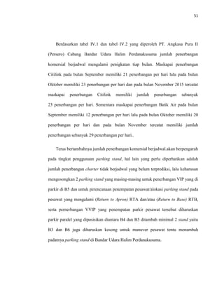 51
Berdasarkan tabel IV.1 dan tabel IV.2 yang diperoleh PT. Angkasa Pura II
(Persero) Cabang Bandar Udara Halim Perdanakusuma jumlah penerbangan
komersial berjadwal mengalami penigkatan tiap bulan. Maskapai penerbangan
Citilink pada bulan September memiliki 21 penerbangan per hari lalu pada bulan
Oktober memiliki 23 penerbangan per hari dan pada bulan November 2015 tercatat
maskapai penerbangan Citilink memiliki jumlah penerbangan sebanyak
23 penerbangan per hari. Sementara maskapai penerbangan Batik Air pada bulan
September memiliki 12 penerbangan per hari lalu pada bulan Oktober memiliki 20
penerbangan per hari dan pada bulan November tercatat memiliki jumlah
penerbangan sebanyak 29 penerbangan per hari..
Terus bertambahnya jumlah penerbangan komersial berjadwal.akan berpengaruh
pada tingkat penggunaan parking stand, hal lain yang perlu diperhatikan adalah
jumlah penerbangan charter tidak berjadwal yang belum terprediksi, lalu keharusan
mengosongkan 2 parking stand yang masing-masing untuk penerbangan VIP yang di
parkir di B5 dan untuk perencanaan penempatan pesawat/alokasi parking stand pada
pesawat yang mengalami (Return to Apron) RTA dan/atau (Return to Base) RTB,
serta pernerbangan VVIP yang penempatan parkir pesawat tersebut diharuskan
parkir paralel yang diposisikan diantara B4 dan B5 ditambah minimal 2 stand yaitu
B3 dan B6 juga diharuskan kosong untuk manuver pesawat tentu menambah
padatnya parking stand di Bandar Udara Halim Perdanakusuma.
 