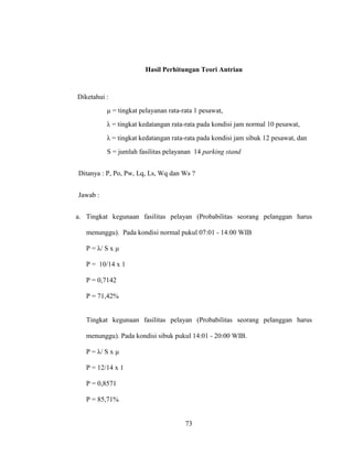 73
Hasil Perhitungan Teori Antrian
Diketahui :
μ = tingkat pelayanan rata-rata 1 pesawat,
λ = tingkat kedatangan rata-rata pada kondisi jam normal 10 pesawat,
λ = tingkat kedatangan rata-rata pada kondisi jam sibuk 12 pesawat, dan
S = jumlah fasilitas pelayanan 14 parking stand
Ditanya : P, Po, Pw, Lq, Ls, Wq dan Ws ?
Jawab :
a. Tingkat kegunaan fasilitas pelayan (Probabilitas seorang pelanggan harus
menunggu). Pada kondisi normal pukul 07:01 - 14:00 WIB
P = λ/ S x μ
P = 10/14 x 1
P = 0,7142
P = 71,42%
Tingkat kegunaan fasilitas pelayan (Probabilitas seorang pelanggan harus
menunggu). Pada kondisi sibuk pukul 14:01 - 20:00 WIB.
P = λ/ S x μ
P = 12/14 x 1
P = 0,8571
P = 85,71%
 
