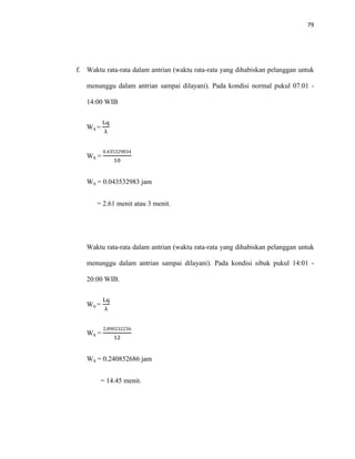 79
f. Waktu rata-rata dalam antrian (waktu rata-rata yang dihabiskan pelanggan untuk
menunggu dalam antrian sampai dilayani). Pada kondisi normal pukul 07:01 -
14:00 WIB
Wq =
Lq
λ
Wq =
0.435329834
10
Wq = 0.043532983 jam
= 2.61 menit atau 3 menit.
Waktu rata-rata dalam antrian (waktu rata-rata yang dihabiskan pelanggan untuk
menunggu dalam antrian sampai dilayani). Pada kondisi sibuk pukul 14:01 -
20:00 WIB.
Wq =
Lq
λ
Wq =
2.890232236
12
Wq = 0.240852686 jam
= 14.45 menit.
 