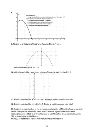 39
8.
9. Na slici je prikazan graf kvadratne funkcije f(x)=ax2
+bx+c.
Odredite koeficijente a,b i c ?
10. Odredite nultočke,tjeme i nacrtajte graf funkcije f(x)=2x2
-6x+2.5 ?
11. Riješite nejednadžbu x2
+ 7x +12 ≥ 0 . Rješenje zapišite pomoću intervala.
12. Riješite nejednadžbu -2x2
+11x-5 ≥ 0. Rješenje zapišite pomoću intervala ?
13. Projektil je koso ispaljen iz točke na nadmorskoj visini od 50m i kreće se po paraboli.
Nakon 2 km postiže nadmorsku visinu od 610 m.Nakon sljedeća 2km nalazi se na
nadmorskoj visini od 530 m. U trenutku kada projektil dostiže svoju maksimalnu visinu
500 m, iznad njega leti helikopter.
Na kojoj se nadmorskoj visini u tom trenutku nalazi helikopter ?
 