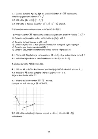 65
1.1. Zadane su točke A(1,2), B(3,5) . Odredite vektor a AB= kao linearnu
kombinaciju jediničnih vektora i i j
1.2. Odredite ( ) ( )2 3 4i j i j+ ⋅ −
1.3. Odredite α tako da su vektori 3i jα + i 4i j− okomiti.
2.U koordinatnome sustavu zadane su točke A(5,1) i B(6,3)
a) Prikažite vektor AB kao linearnu kombinaciju jediničnih okomitih vektora i i j ?
b) Odredite duljine vektora OA i AB tj. koliko je OA i AB ?
c) Odredite točku C tako da je OC AB=
d) Odredite mjeru kuta AOC (zaokružite rezultat na najbliži cijeli stupanj) ?
e) Odredite površinu četverokuta OABC ?
f) Odredite udaljenost ishodišta koordinatnog sustava od pravca AB ?
3.1. Točka A(1, 2) početna je točka vektora AB i 3j= − . Koje su koordinate točke B ?
3.2. Odredite mjeru kuta α izme u vektora a 3i 4j= − − i b 5i 2j= +
4. Zadane su točke A(2,1) i B(26,10) .
4.1. Vektor AB prikažite kao linearnu kombinaciju jediničnih okomitih vektora i , j
4.2. Na dužini AB zadana je točka C tako da je |AC|:|CB|= 1: 2.
Koje su koordinate točke C ?
5.1. Na slici su zadani vektori AB ,CD i točka E.
Ucrtajte točku F tako da je EF AB CD= + .
5.2. Odredite realan broj k tako da vektori a 6i 4j= − i ( )b 2i 2k 5 j= + +
budu okomiti.
 