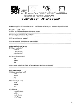 23
DIAGNOSIS OF HAIR AND SCALP
Make a diagnosis of hair and scalp at a schoolmate and note your results in a questionnaire.
Questions for the client
A/ What problems with your scalp do you have?
…………………………………………………………………………………………………………………
B/ How do you take care of your hair?
………………………………………………………………………………………………………………...
C/What products do you use?
…………………………………………………………………………………………………………………
D/What chemical treatment has been made?
………………………………………………………………………………………………………..............
Assessment of hair scalp
E/Sebum production?
- Normal
- Low (dry skin)
- High(oily skin)
F/ Dandruff occurrence?
- no
- greasy
- dry
G/ Are there any warts, moles, scars, skin rash or any skin disease?
…………………………………………………………………………………………………………………
Hair assessment
H/ Intake capacity of hair?
- small
- middle
- big
CH/Flexibility of hair?
- small
- middle
- big
I/Quality hair?
- Normal, strong
- brittle
- hard, glassy
- soft, floppy
 