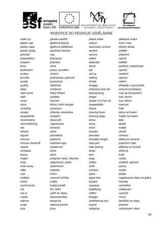 80
male cut pánský sestřih plastic bowl plastová miska
plastic cap igelitová čepice sebum kožní maz
plastic cape igelitová pláštěnka secondary school střední škola
plastic dying plastické barvení section oddělit
ponytail cop secure připevnit
preparatory přípravný select vybrat
prepare příprava separate oddělit
price cena serve podávat, obsluhovat
profession práce, povolání set upravit
protect chránit set up nastavit
provide poskytnout, pečovat setting úprava
purple purpurová shade odstín
quality vlastnost shaggy střapaté, rozcuchané
raise zvednout shampoo and set vodová (ondulace)
rake comb řídký hřeben shampooing mytí se šamponem
rash vyrážka shape tvar, forma
raven havraní shape of a hair do tvar účesu
razor břitva, holicí strojek shapeability tvárnost
receding ustupující shave holit
receipt účtenka, stvrzenka shaving foam pěna na holení
receptionist recepční shaving soap mýdlo na holení
recommend doporučit shine lesk
reconditioning regenerace shiny lesklé
red červená short krátké
refresh oživit shorten zkrátit
regular pravidelný shoulder rameno
remove odstranit shoulder length délka po ramena
remove dandruff odstranit lupy side part postranní část
repeat zopakovat side parting pěšinka na straně
revitalize oživit silver stříbrná
revive oživit skin kůže
ringlet prstýnek vlasů, lokýnka soap mýdlo
rinse opláchnout, přeliv soften změkčit, zjemnit
rinse away spláchnout solid pevný
roller natáčka solution roztok
root kořen spiky ježaté
rootlets vlasové kořínky spiky hair nagelované vlasy na ježka
round kulatý square hranatý
round brush kulatý kartáč squeeze vymačkat
rub třít, vetřít stabilizing ustalování
rub in vetřít do vlasů stiffen vyztužit
russet červenohnědý straight rovné
salmon lososová straihtening iron žehlička na vlasy
scalp vlasový porost strand pramen
scar jizva stripping vyčesávání vlasů
 