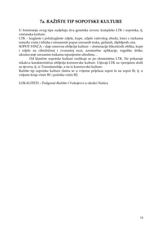 14
7a. RAŢIŠTE TIP SOPOTSKE KULTURE
U formiranju ovog tipa sudjeluju dva genetska izvora: kompleks LTK i sopotska, tj.
vinčanska kulture.
LTK – kuglaste i polukuglaste zdjele, kupe, zdjele valovitog oboda, lonci s ručkama
između vrata i trbuha i ornamenti poput urezanih traka, girlandi, ţljebljenih crta.
SOPOT-VINČA – daje osnovna obiljeţja kulture – dominacija bikoničnih oblika, kupe
i zdjele na cilindričnoj i zvonastoj nozi, zoomorfne aplikacije, rogolike drške,
ukrašavanje urezanim trakama ispunjenim ubodima…
Od klasične sopotske kulture razlikuje se po elementima LTK. Ne pokazuje
nikakva karakteristična obiljeţja korenovske kulture. Utjecaji LTK su vjerojatno došli
sa sjevera, tj. iz Transdanubije, a ne iz korenovske kulture.
Raţište tip sopotske kulture datira se u vrijeme prijelaza sopot Ia na sopot Ib, tj. u
vrijeme kraja vinče B1 i početka vinče B2.
LOKALITETI – Podgorač-Raţište i Vukojevci u okolici Našica
 