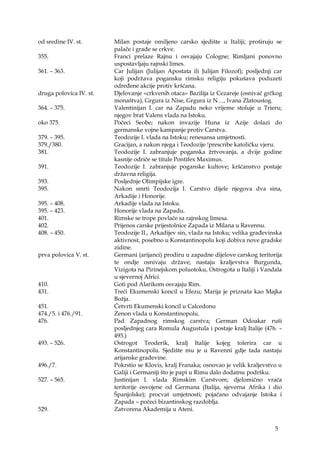 5
od sredine IV. st. Milan postaje omiljeno carsko sjedište u Italiji; proširuju se
palače i grade se crkve.
355. Franci prelaze Rajnu i osvajaju Cologne; Rimljani ponovno
uspostavljaju rajnski limes.
361. – 363. Car Julijan (Julijan Apostata ili Julijan Filozof); posljednji car
koji podržava pogansku rimsku religiju pokušava poduzeti
određene akcije protiv kršćana.
druga polovica IV. st. Djelovanje «crkvenih otaca» Bazilija iz Cezareje (osnivač grčkog
monaštva), Grgura iz Nise, Grgura iz N…, Ivana Zlatoustog.
364. – 375. Valentinijan I. car na Zapadu neko vrijeme stoluje u Trieru;
njegov brat Valens vlada na Istoku.
oko 375. Počeci Seobe; nakon invazije Huna iz Azije dolazi do
germanske vojne kampanje protiv Carstva.
379. – 395. Teodozije I. vlada na Istoku; renesansa umjetnosti.
379./380. Gracijan, a nakon njega i Teodozije !prescribe katoličku vjeru.
381. Teodozije I. zabranjuje poganska žrtvovanja, a dvije godine
kasnije odriče se titule Pontifex Maximus.
391. Teodozije I. zabranjuje poganske kultove; kršćanstvo postaje
državna religija.
393. Posljednje Olimpijske igre.
395. Nakon smrti Teodozija I. Carstvo dijele njegova dva sina,
Arkadije i Honorije.
395. – 408. Arkadije vlada na Istoku.
395. – 423. Honorije vlada na Zapadu.
401. Rimske se trope povlače sa rajnskog limesa.
402. Prijenos carske prijestolnice Zapada iz Milana u Ravennu.
408. – 450. Teodozije II., Arkadijev sin, vlada na Istoku; velika građevinska
aktivnost, posebno u Konstantinopolu koji dobiva nove gradske
zidine.
prva polovica V. st. Germani (arijanci) prodiru u zapadne dijelove carskog teritorija
te ondje osnivaju države; nastaju kraljevstva Burgunda,
Vizigota na Pirinejskom poluotoku, Ostrogota u Italiji i Vandala
u sjevernoj Africi.
410. Goti pod Alarikom osvajaju Rim.
431. Treći Ekumenski koncil u Efezu; Marija je priznata kao Majka
Božja.
451. Četvrti Ekumenski koncil u Calcedonu
474./5. i 476./91. Zenon vlada u Konstantinopolu.
476. Pad Zapadnog rimskog carstva; German Odoakar ruši
posljednjeg cara Romula Augustula i postaje kralj Italije (476. –
493.)
493. – 526. Ostrogot Teoderik, kralj Italije kojeg tolerira car u
Konstantinopolu. Sjedište mu je u Ravenni gdje tada nastaju
arijanske građevine.
496./7. Pokrstio se Klovis, kralj Franaka; osnovao je velik kraljevstvo u
Galiji i Germaniji što je papi u Rimu dalo dodatnu podršku.
527. – 565. Justinijan I. vlada Rimskim Carstvom; djelomično vraća
teritorije osvojene od Germana (Italija, sjeverna Afrika i dio
Španjolske); procvat umjetnosti; pojačano odvajanje Istoka i
Zapada – počeci bizantinskog razdoblja.
529. Zatvorena Akademija u Ateni.
 