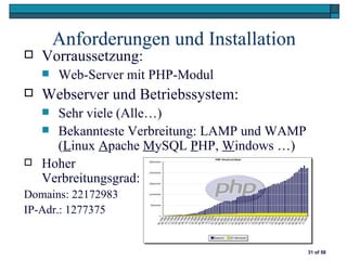 Anforderungen und Installation
   Vorraussetzung:
       Web-Server mit PHP-Modul
   Webserver und Betriebssystem:
     Sehr viele (Alle…)
     Bekannteste Verbreitung: LAMP und WAMP
      (Linux Apache MySQL PHP, Windows …)
   Hoher
    Verbreitungsgrad:
Domains: 22172983
IP-Adr.: 1277375


                                               31 of 58
 