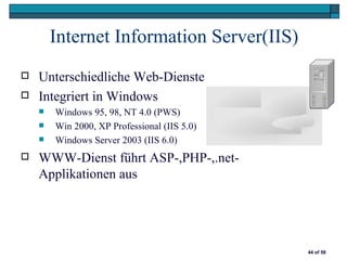 Internet Information Server(IIS)
   Unterschiedliche Web-Dienste
   Integriert in Windows
       Windows 95, 98, NT 4.0 (PWS)
       Win 2000, XP Professional (IIS 5.0)
       Windows Server 2003 (IIS 6.0)
   WWW-Dienst führt ASP-,PHP-,.net-
    Applikationen aus




                                              44 of 58
 