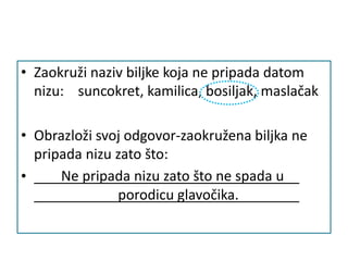 • Zaokruži naziv biljke koja ne pripada datom
nizu: suncokret, kamilica, bosiljak, maslačak
• Obrazloži svoj odgovor-zaokružena biljka ne
pripada nizu zato što:
• Ne pripada nizu zato što ne spada u
porodicu glavočika.
 