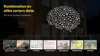 Kombination av
olika sorters data
50% ökning i kvalitet av prediktioner
SATELLITBILDER GATUBILDER RITNINGAR ANNONSTEXTER MÄKLARBILDER TERRÄNGKARTOR TOPOGRAFI
 