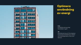 Från
Energiförbrukning enligt
förinställda “regler”.
Till
Realtidsjustering och förutsägelser
baserat på användning av lokaler
och mänskliga behov, samt yttre
faktorer.
Optimera
användning
av energi
IMAGE THAT SUPPORTS THE HEADLINE GOES HERE
 