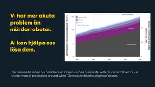 The timeline for when our biosphere no longer sustains human life, with our current trajectory, is
shorter than all predictions around when “General Artificial Intelligence” occurs.
Vi har mer akuta
problem än
mördarrobotar.
AI kan hjälpa oss
lösa dem.
 