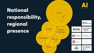 National
responsibility,
regional
presence
East
South
Greater
Stockholm
Gothenburg
Örebro
North
 