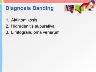Diagnosis Banding
1. Aktinomikosis
2. Hidradenitis supurativa
3. Limfogranuloma venerum
 