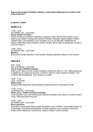 Doprovodný program Českého rozhlasu a vydavatelství Radioservis na veletrhu Svět
knihy Praha 2017
programy v sálech
čtvrte...