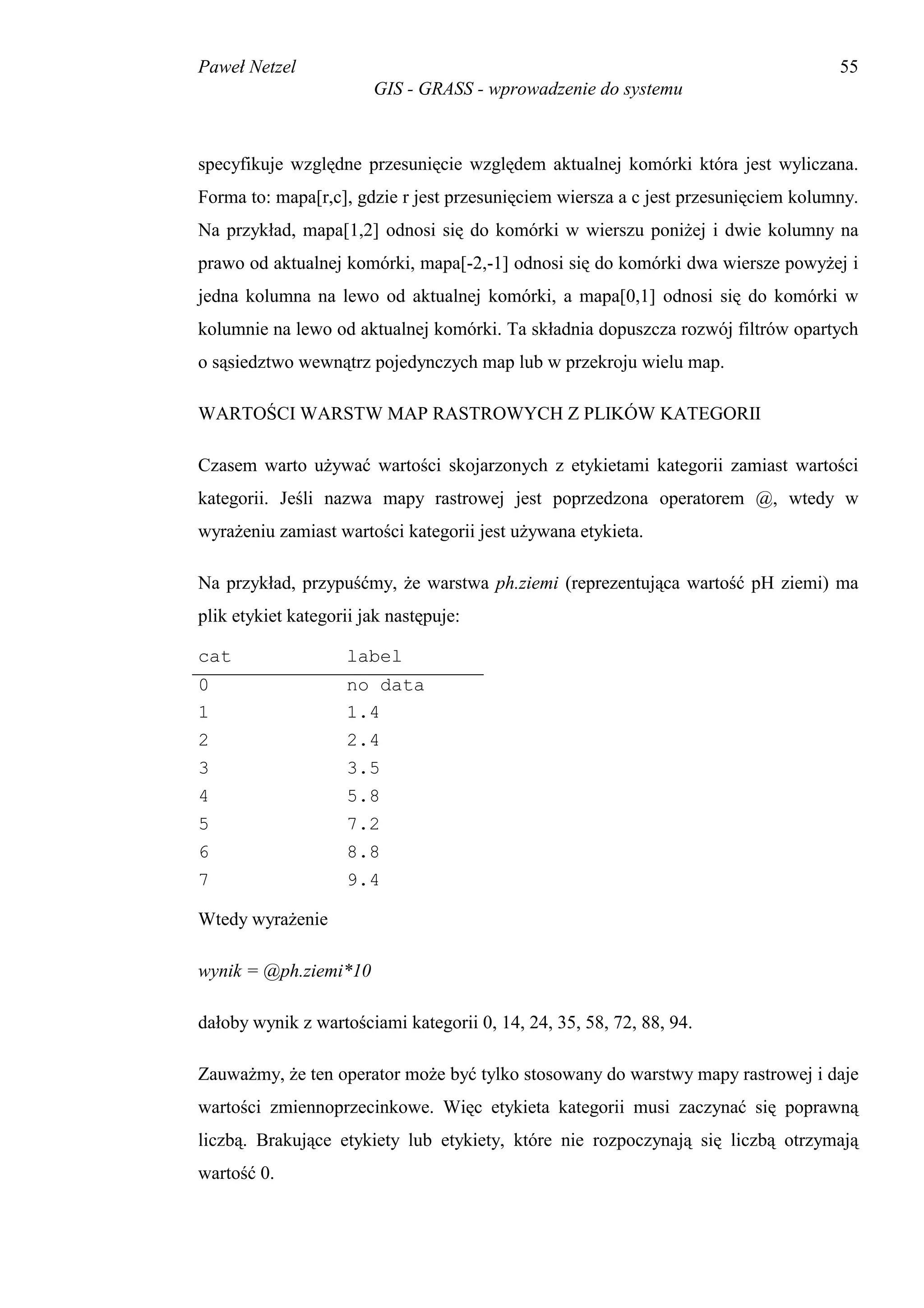 Paweł Netzel                                                                        55
                        GIS - GRASS - wprowadzenie do systemu



specyfikuje względne przesunięcie względem aktualnej komórki która jest wyliczana.
Forma to: mapa[r,c], gdzie r jest przesunięciem wiersza a c jest przesunięciem kolumny.
Na przykład, mapa[1,2] odnosi się do komórki w wierszu poniżej i dwie kolumny na
prawo od aktualnej komórki, mapa[-2,-1] odnosi się do komórki dwa wiersze powyżej i
jedna kolumna na lewo od aktualnej komórki, a mapa[0,1] odnosi się do komórki w
kolumnie na lewo od aktualnej komórki. Ta składnia dopuszcza rozwój filtrów opartych
o sąsiedztwo wewnątrz pojedynczych map lub w przekroju wielu map.

WARTOŚCI WARSTW MAP RASTROWYCH Z PLIKÓW KATEGORII

Czasem warto używać wartości skojarzonych z etykietami kategorii zamiast wartości
kategorii. Jeśli nazwa mapy rastrowej jest poprzedzona operatorem @, wtedy w
wyrażeniu zamiast wartości kategorii jest używana etykieta.

Na przykład, przypuśćmy, że warstwa ph.ziemi (reprezentująca wartość pH ziemi) ma
plik etykiet kategorii jak następuje:

cat                 label
0                   no data
1                   1.4
2                   2.4
3                   3.5
4                   5.8
5                   7.2
6                   8.8
7                   9.4

Wtedy wyrażenie

wynik = @ph.ziemi*10

dałoby wynik z wartościami kategorii 0, 14, 24, 35, 58, 72, 88, 94.

Zauważmy, że ten operator może być tylko stosowany do warstwy mapy rastrowej i daje
wartości zmiennoprzecinkowe. Więc etykieta kategorii musi zaczynać się poprawną
liczbą. Brakujące etykiety lub etykiety, które nie rozpoczynają się liczbą otrzymają
wartość 0.
 
