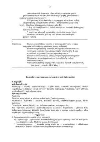 127


                       -alternatywnie ( aktywacja - bez udziału przeciwciał, przez
                 polisacharydy ścian bakterii, niektóre wirusy, grzyby, pierwotniaki i
           niektóre komórki nowotworowe)
                       Uaktywniony układ dopełniacza rozpoczyna łańcuchową reakcję
                 enzymatyczną, której końcowy produkt - kompleks atakujący błonę
           MAC ( Membrane attack complex) doprowadza do:
                       * lizy zakażonej komórki ( śmierć osmotyczna komórki) bakteryjnej
                 lub nowotworowej
                       * niszczenia własnych komórek (erytroblastów, monocytów)
                       zakażonych wirusem, jeśli są one opłaszczone swoistymi
                 przeciwciałami
----------------------------------------------------------------------------------------------------------------
-
Interferony            Hamowanie replikacji wirusów w komórce; aktywacja syntezy
                 enzymów: rybonukleazy, syntetazy, kinazy białkowej
                       Hamowanie proliferacji komórek, szczególnie nowotworowych
                       Aktywacja cytotoksyczności makrofagów i limfocytów T oraz
                       wzmożenie aktywności komórek cytotoksycznych
                       Hamowanie transformacji limfocytów pod wpływem mitogenów
                       Eliminacja z krążenia patologicznych inhibitorów reakcji
                       immunologicznych
                       Wzmożenie ekspresji cząstek MHC klasy I na błonach komórkowych,
                            interferon γ - również MHC klasy II
----------------------------------------------------------------------------------------------------------------
-


                    Komórkowe mechanizmy obronne ( swoiste i nieswoiste)

1. Fagocyty
a) jednojądrzaste
Monocyty - *tkanka łączna-histiocyty, *kłębki nerek -komórki mezangialne, *kości-
osteoklasty, *ośrodkowy układ nerwowy-komórki mikrogleju, *śledziona, węzły chłonne,
grasica-komórki wyściełające zatoki
b) wielojądrzaste
Neutrofile
Pierwsze pojawiają się w miejscu uszkodzenia. Zawierają enzymy;
*ziarnistości pierwotne : lizozym, fosfataza kwaśna, MPO-mieloperoksydaza, białko
kationowe
*ziarnistości wtórne: laktoferyna, fosfataza zasadowa, aminopeptydazy
Pod wpływem czynników chemotaktycznych (składowe dopełniacza - głównie C5a,
leukotrieny, histamina) komórki fagocytujące docierają w miejsce reakcji zapalnej, gdzie
rozpoczyna się proces fagocytozy
                             Fagocytoza
1. Rozpoznawanie i związanie obcej substancji
   np.* opsonizacja ( opłaszczenie komórki bakteryjnej przez opsoniny: białko C-reaktywne,
     swoiste przeciwciała, składowe układu dopełniacza)
   * immunofagocytoza ( komórka żerna wiąże się z przeciwciałami i składowymi
     dopełniacza poprzez swoiste dla nich receptory w błonie komórkowej)
 