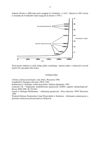 15


ludności Świata w 2000 roku może osiągnąć 6,3 miliardów (± 6%). Stanowi to 50% wzrost
w stosunku do 4 miliardów ludzi żyjących na Ziemi w 1978 r.




Wyżywienie ludności w skali całego globu ziemskiego stanowi jedno z większych wyzwań
końca XX i początku XXI wieku.


                                     LITERATURA

Al Gore, Ziemia na krawędzi. wyd. Ethos, Warszawa 1996
Campbell B. Ekologia człowieka. PWN, 1995
Kalinowska A. Ekologia -wybór przyszłości. Editions Spotkania, 1992
Ludwicki J.K “ Organizmy modyfikowane genetycznie (GMO) -aspekty toksykologiczne”
Roczn. PZH 1998, 49, 253-263
Lasota Z. Biologia Molekularna - informacja genetyczna . Praca zbiorowa PWN Warszawa
1989
Wydział Ochrony Środowiska Urząd Wojewódzki w Krakowie - Informator comiesięczny o
poziomie zanieczyszczeń powietrza w Krakowie.
 