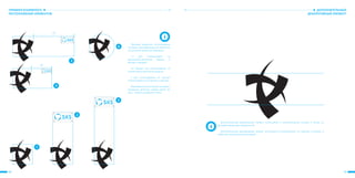 14 15
ДОПОЛНИТЕЛЬНЫЙ
ДЕКОРАТИВНЫЙ ЭЛЕМЕНТ
Дополнительный декоративный элемент используется в исключительных случаях и только на
регламентированных поверхностях.
Дополнительный декоративный элемент используется исключительно на плакатах, постерах, в
шаблонах электронных презентаций.
ПРАВИЛА ВЗАИМНОГО
РАСПОЛОЖЕНИЯ ЭЛЕМЕНТОВ
a3
a2
1
2
3
4
5
6
Примеры взаимного использования
основных идентификацонных элементов
на носителях различных форматов:
1-3 Для использования на
вертикально-вытянутых макетах и
близких к квадрату.
4-5 Вариант для использования на
горизонтально-вытянутых макетах.
6 Для использования на круглых
плоских обьектах (CD дисках и значках).
Максимальное расстояние не должно
превышать величину, равную длине 3a,
где a – длинна «охранного поля».
 