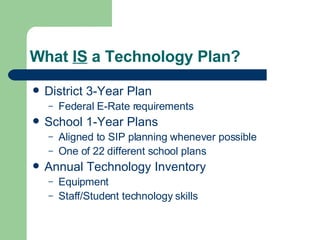 What  IS  a Technology Plan? District 3-Year Plan Federal E-Rate requirements School 1-Year Plans Aligned to SIP planning whenever possible One of 22 different school plans Annual Technology Inventory Equipment Staff/Student technology skills 