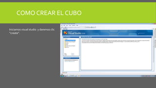 COMO CREAR EL CUBO 
Iniciamos visual studio y daremos clic 
“create”. 
 