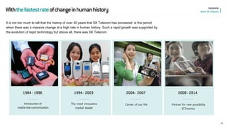 Introduction of mobile tele-commnication 
The most innovative market leader 
Center of our life 
With the fastest rate of change in human history 
1984 - 1996 
1994 - 2003 
2004 - 2007 
2008 - 2014 
Partner for new possibility ICTnomics 
It is not too much to tell that the history of over 30 years that SK Telecom has pioneered is the period when there was a massive change at a high rate in human history. Such a rapid growth was supported by the evolution of rapid technology but above all, there was SK Telecom. 
12 
OVERVIEW 
About SK Telecom  