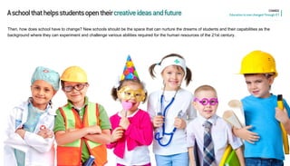 06 
21 
17 
CHANGE Education is now changed Through ICT 
A school that helps students open their creative ideas and future 
Then, how does school have to change? New schools should be the space that can nurture the dreams of students and their capabilities as the background where they can experiment and challenge various abilities required for the human resources of the 21st century.  