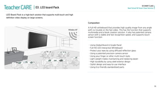 SK SMART CLASS 
Next School SK Smart Class Solution 
Teacher CARE 
LED Board Pack is a high-tech solution that supports multi-touch and high definition video display on large screens. 
03. LED board Pack 
Composition A Full HD whiteboard that provides high quality image from any angle with no trouble on the fast video. This has the function that supports multimedia and e-book creation solution. It also has patented camera sensor with a stable and fast recognition speed, and supports touch screen function. 
- Using Global Brand A Grade Panel - Full-HD LED Interactive Whiteboard - Protect your eyes by using diffused reflection glass - Using a patented precision camera sensor - Using your finger or other multi-touch tools - Light weight makes maintaining and replacing easier - High durability by using steel exterior design - Stylish design and easy-to-use interface - Using Eco-friendly standardized parts 
31  