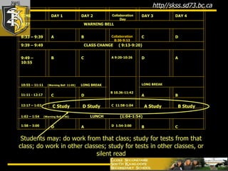 B 10.36-11:42 Students may: do work from that class; study for tests from that class; do work in other classes; study for tests in other classes, or silent read   TIME   DAY 1   DAY 2   Collaboration Day   DAY 3   DAY 4 8:27  WARNING BELL   8:33 – 9:39   A   B   Collaboration 8:30-9:13   C   D 9:39 – 9:49  CLASS CHANGE  ( 9:13-9:20)   9:49 – 10:55   B   C   A 9:20-10:26             D   A 10:55 – 11:11   (Warning Bell  11:05)   LONG BREAK     LONG BREAK   11:11 - 12:17   C   D   A   B   12:17 – 1:02   C Study   D Study   C  11:58-1:04   A Study   B Study   1:02 – 1:54   (Warning Bell 1:46)  LUNCH  (1:04-1:54)   1:58 – 3:00   D   A   D  1:54-3:00   B   C 