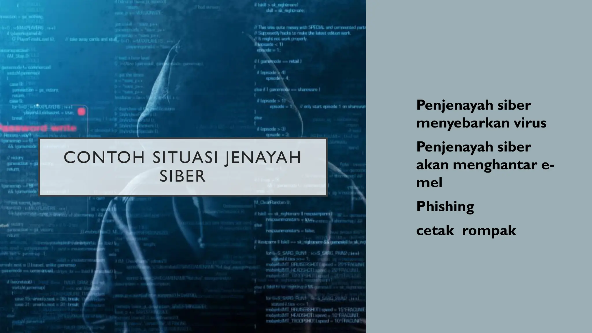 CONTOH SITUASI JENAYAH
SIBER
• Penjenayah siber
menyebarkan virus
• Penjenayah siber
akan menghantar e-
mel
• Phishing
• cetak rompak
 