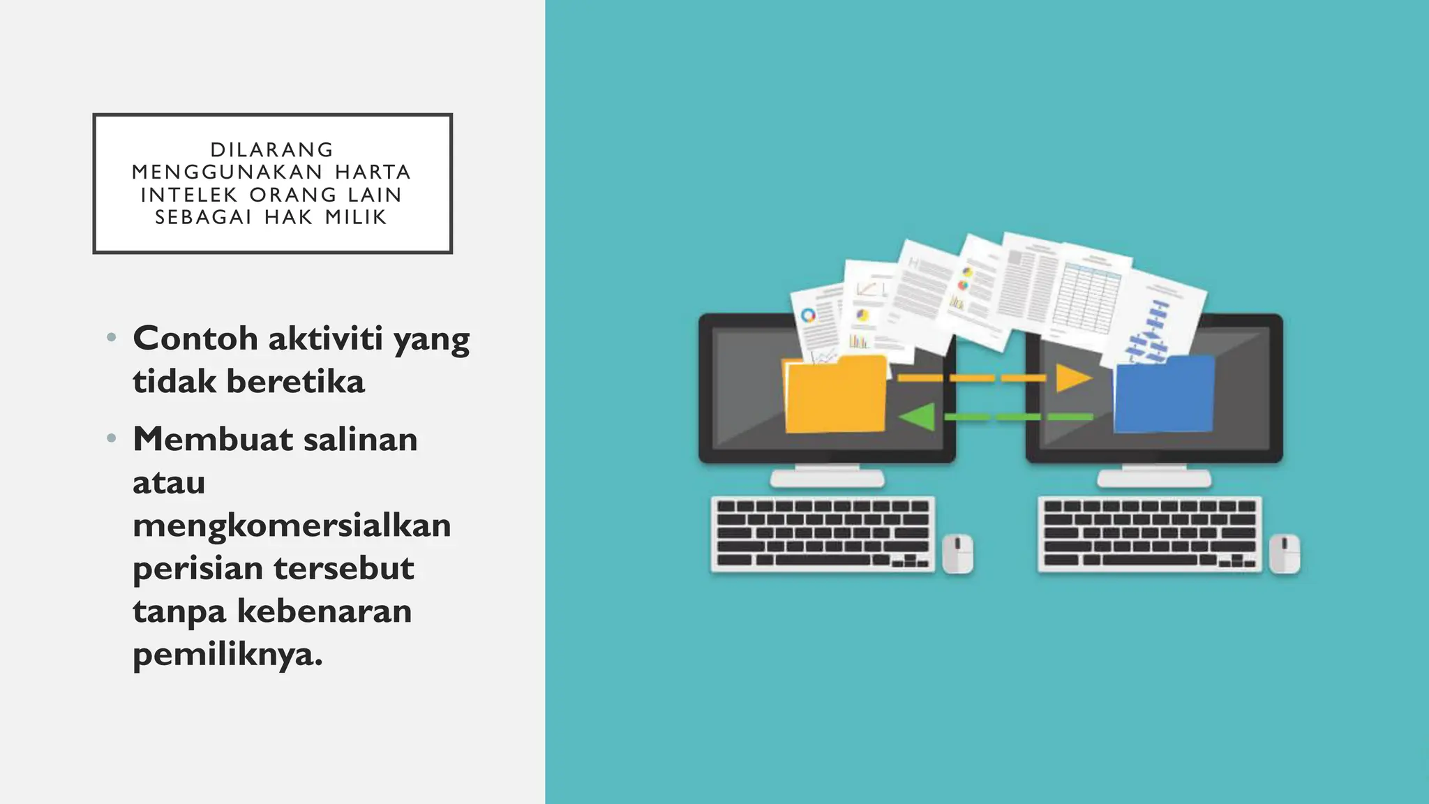 DILAR ANG
ME NGGU NAKAN HARTA
INT E LE K OR ANG LAIN
SE B AGAI HAK MILIK
• Contoh aktiviti yang
tidak beretika
• Membuat salinan
atau
mengkomersialkan
perisian tersebut
tanpa kebenaran
pemiliknya.
 