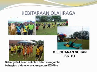 KEBITARAAN OLAHRAGA
KESUNGGUHAN
BERLATIH
MEMBUAHKAN
KEJAYAAN.

KEJOHANAN SUKAN
SKTBT
Sebanyak 4 buah sekolah telah mengambil
bahagian dalam acara jemputan 4X100m

 