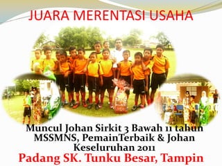 JUARA MERENTASI USAHA

Muncul Johan Sirkit 3 Bawah 11 tahun
MSSMNS, PemainTerbaik & Johan
Keseluruhan 2011

Padang SK. Tunku Besar, Tampin

 