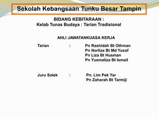 Sekolah Kebangsaan Tunku Besar Tampin
BIDANG KEBITARAAN :
Kelab Tunas Budaya : Tarian Tradisional
AHLI JAWATANKUASA KERJA
Tarian

:

Pn Rashidah Bt Othman
Pn Norliza Bt Md Yusof
Pn Liza Bt Husman
Pn Yusmaliza Bt Ismail

Juru Solek

:

Pn. Lim Pek Yar
Pn Zaharah Bt Tarmiji

 