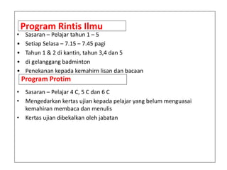 •
•
•
•
•

Program Rintis Ilmu

Sasaran – Pelajar tahun 1 – 5
Setiap Selasa – 7.15 – 7.45 pagi
Tahun 1 & 2 di kantin, tahun 3,4 dan 5
di gelanggang badminton
Penekanan kepada kemahirn lisan dan bacaan

Program Protim
• Sasaran – Pelajar 4 C, 5 C dan 6 C
• Mengedarkan kertas ujian kepada pelajar yang belum menguasai
kemahiran membaca dan menulis
• Kertas ujian dibekalkan oleh jabatan

 