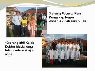 3 orang Peserta Kem
Pengakap Negeri
Johan Aktiviti Kumpulan

12 orang ahli Kelab
Doktor Muda yang
telah melepasi ujian
asas

 